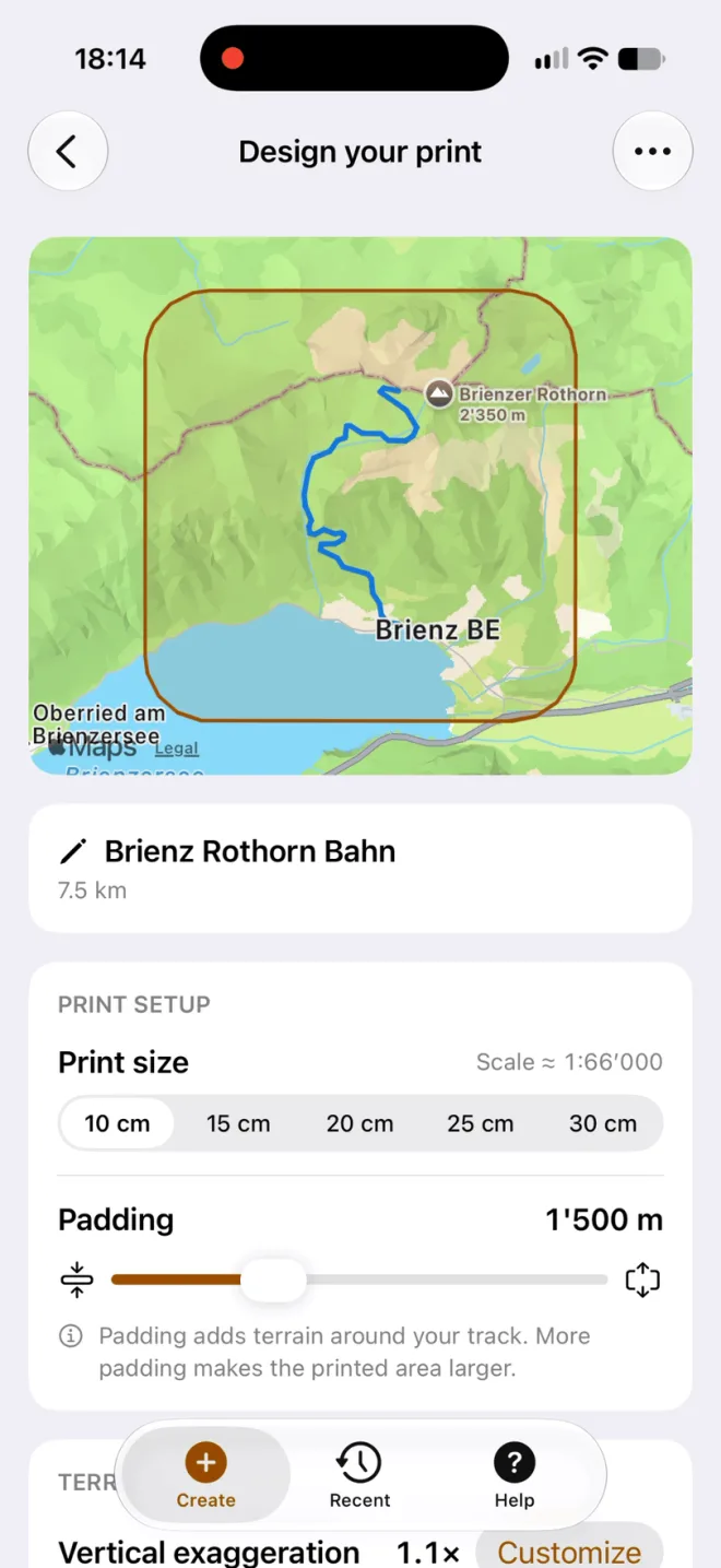 Print Your Track design screen showing the Brienz Rothorn Bahn route and print settings