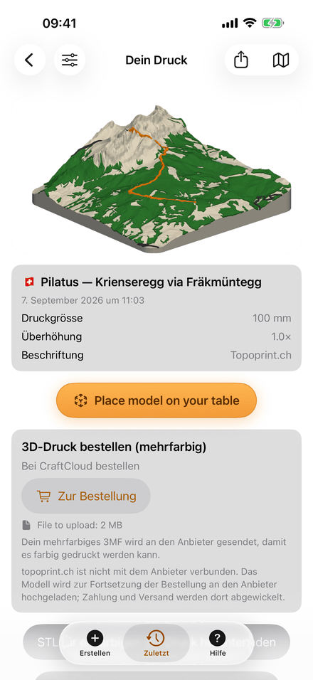 The finished print, with its dimensions, an AR preview and a checkout link to a printing service. (German)