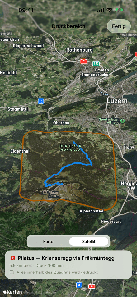 The print area over satellite imagery: everything inside the square ends up in the model. (German)